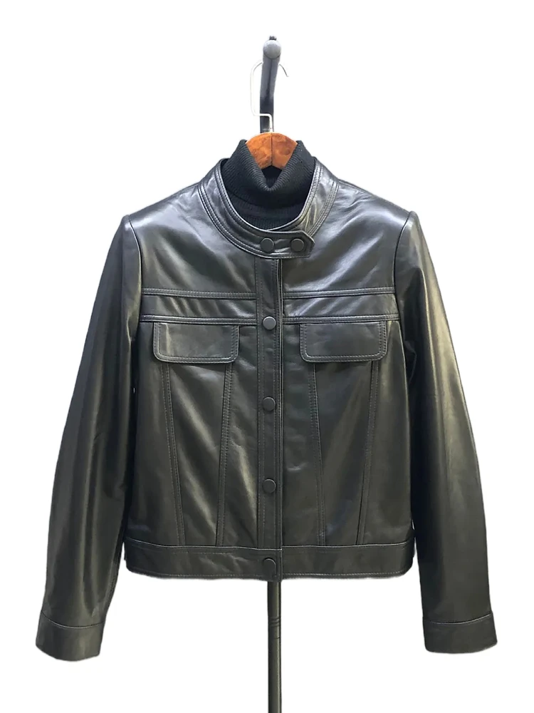 ort Echt leer van eepskin-leer Jaet Casual motorfiets-bovenkleding voor dames, losse afslankende top met opstaande kraag en ritssluiting