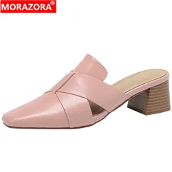 MORAZORA 2024 New Genuine Leather Mules Women Slippers Square Toe Square Med Heels Slippers Fashion Ladies Summer Shoes