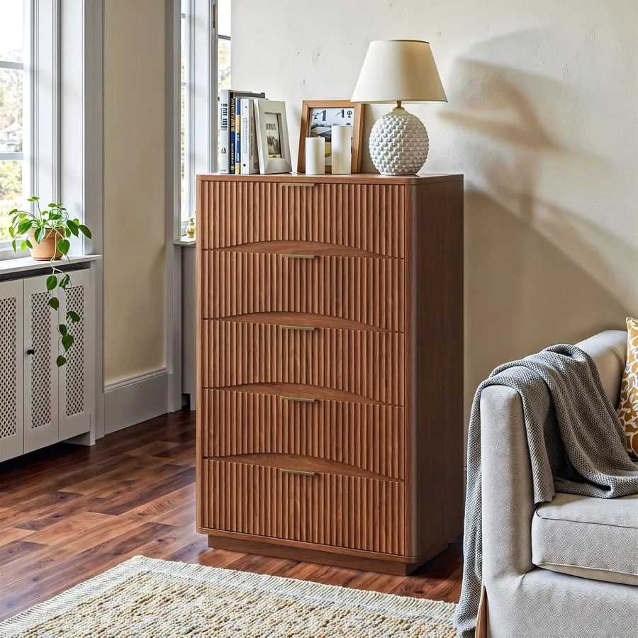 Fluted 5 Drawers Dresser 47 Tall Wooden Dressers Storage Organizer Modern Chest of Drawers for Bedroom with Deep Storage Living
