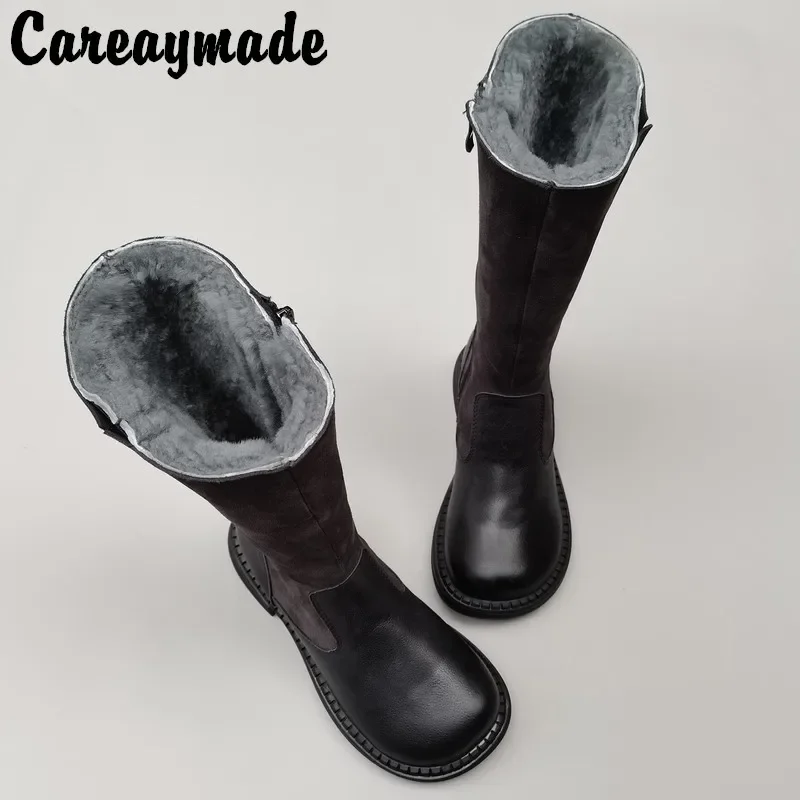 Careaymade-Hot Genuine leather large head wide edition women\'s warm boots High bootie round riding boots fat foot single boots