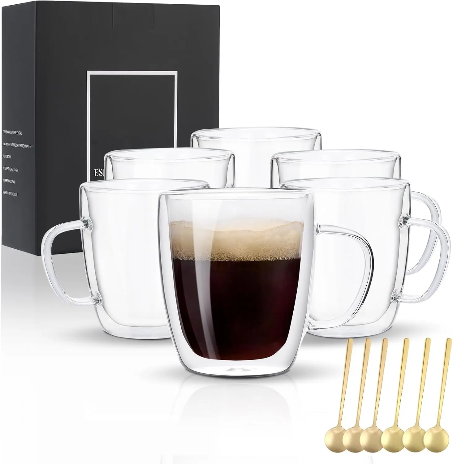 Juego de 6 Tazas de Café de Vidrio, Tazas de Doble Pared Aisladas de 13.5 oz para Capuchino, Latte, Americano, Té y Bebidas con Asas