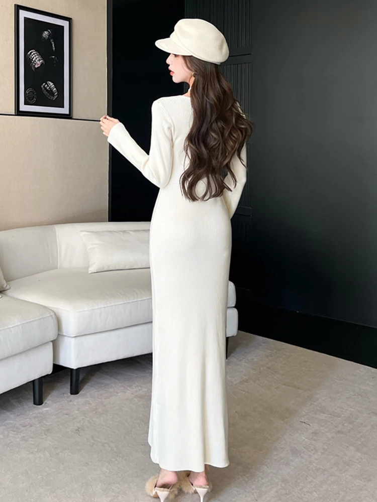 Frauen Straße Kleidung Pullover Beiläufige Gestrickte Einfache Feste V-ausschnitt Dünne Bodycon Maxi Lange Kleid Elegante Dame Mode Vestido Robe