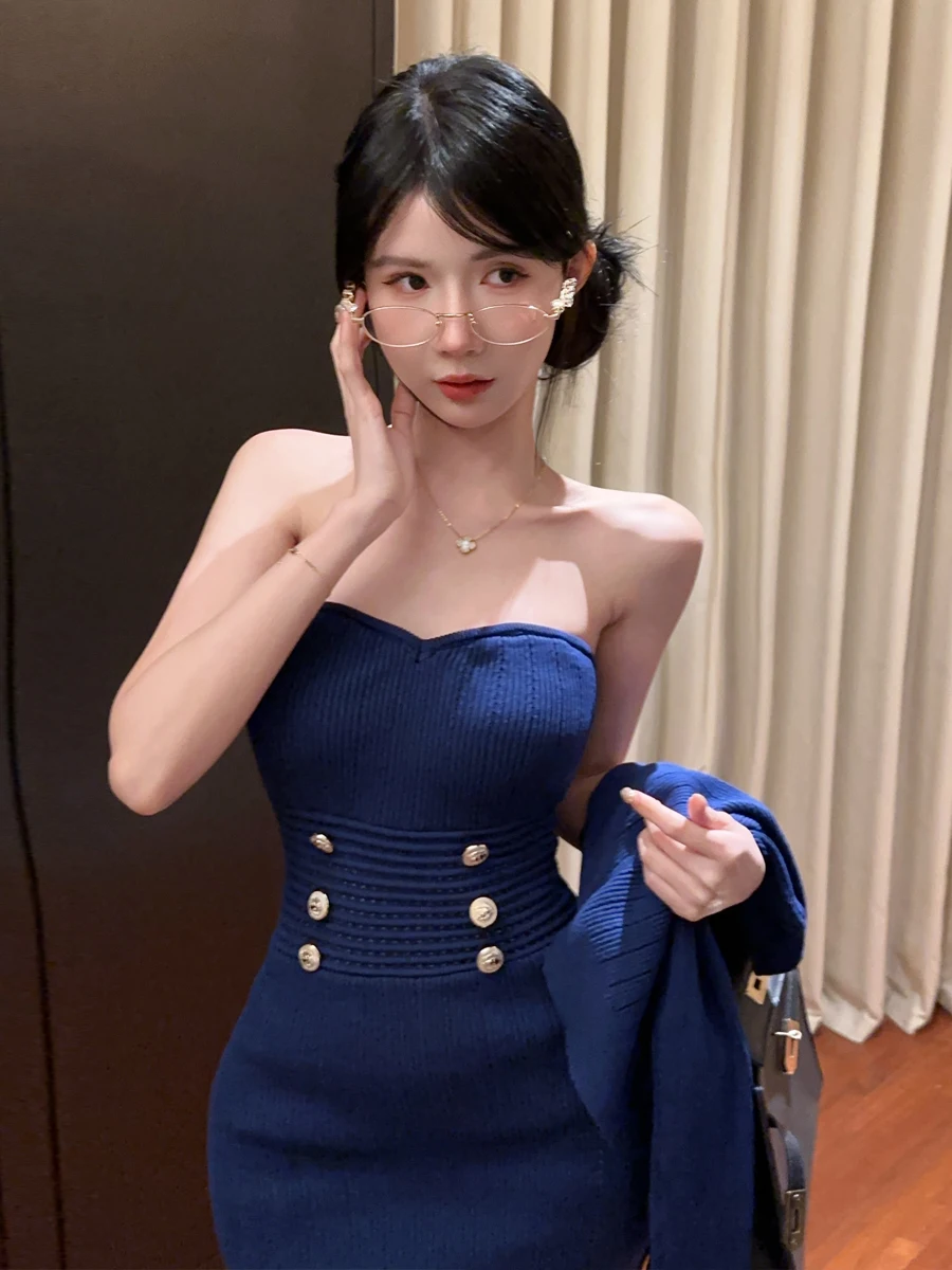 Early Autumn Pure Desire Sexy Knitted Wrap Chest Skirt Dress Waist Cinched Short Skirt Open Cardigan Set Women's Fashion