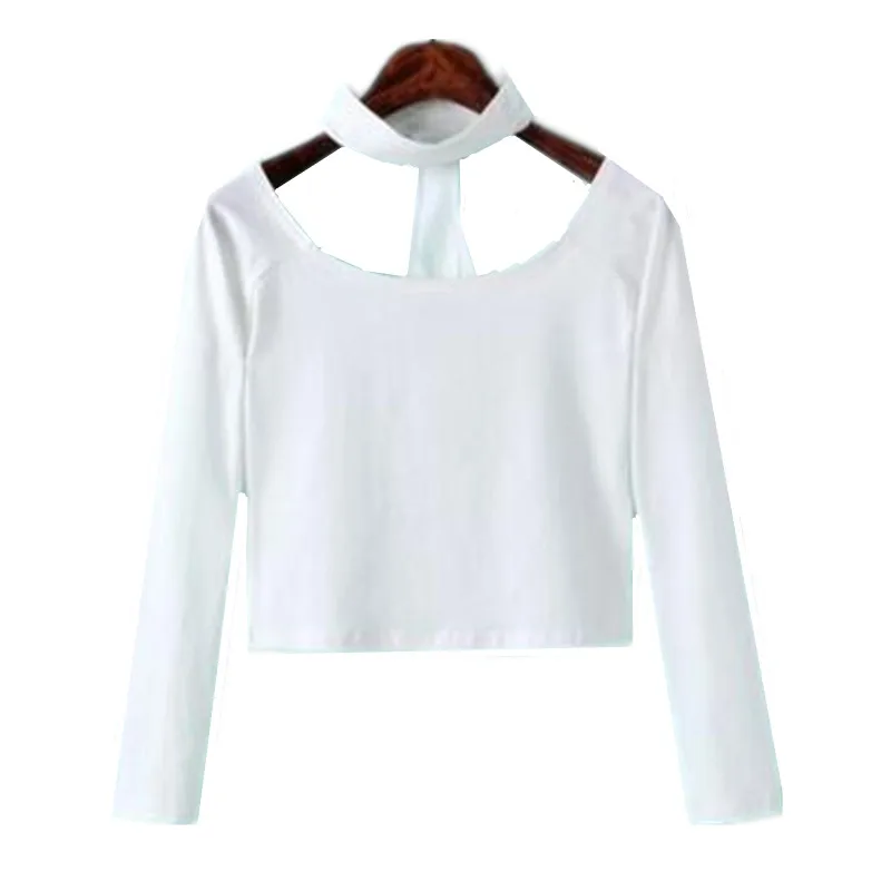 韓国風セクシーなスラッシュネック黒Tシャツ レディース 長袖ホルターネックトップ ガールズTシャツ クロップトップ レディース服 ヴィンテージTシャツ