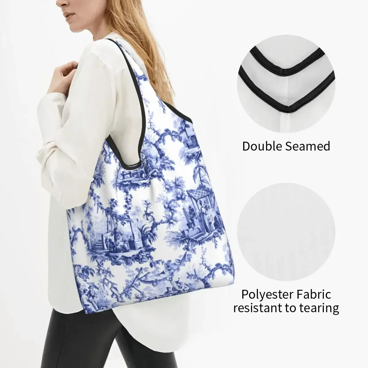 Blue And White Delft Chinoiserie Toile Grocery Shopping Bags Funny Shopper Tote Shoulder Bag Large Capacity Portable Handbag