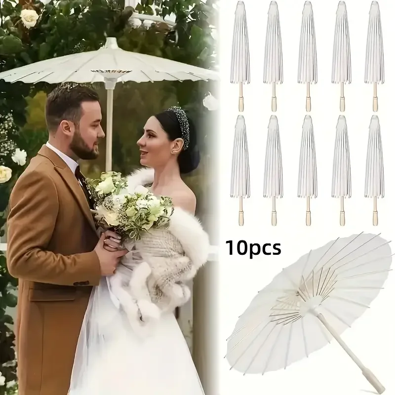

10pcs Elegant White Wedding Folding Umbrellas with Wood Handles Non-Woven Fabric Canopies Chinese Vintage Pepar Folding Umbrella