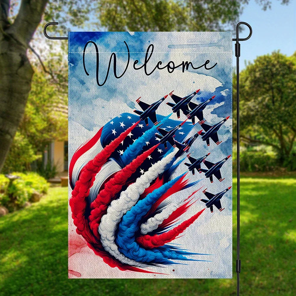 1pc Patriotic July 4th Fighter Jets Garden Flag - Double-Sided Outdoor Decor with American Flag & Blue Sky Design 12x18in