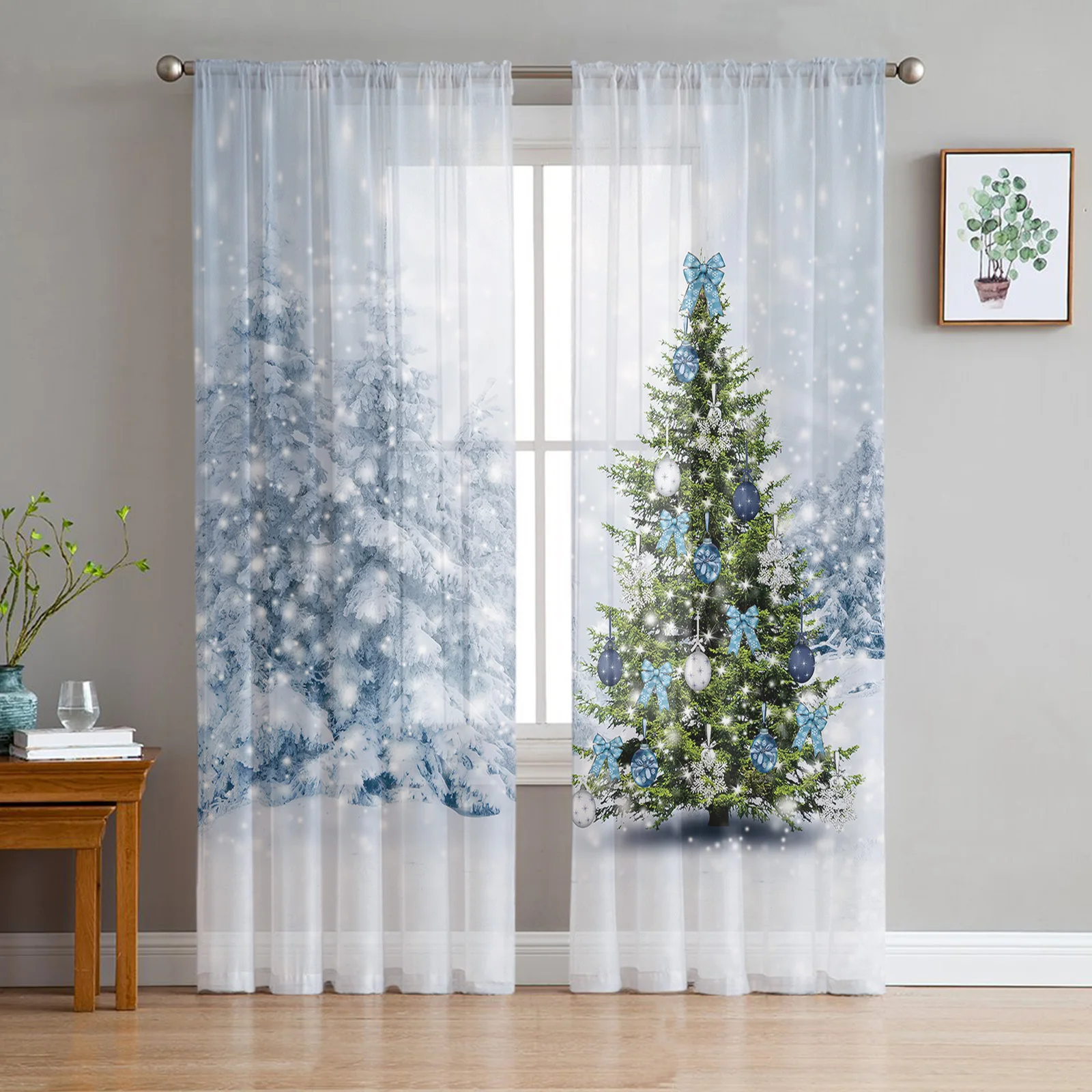 Christmas Snow Scene Christmas Tree Sheer Curtains Christmas Decorations for Home Window Tulle Curtains For Living Room Bedroom