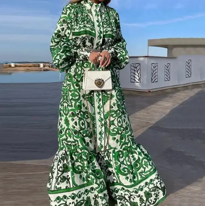 Lente zomer nieuwe vrouwen vestidos mode retro print elegante kant paneel shirt lange jurk vrouwelijke formele jurken