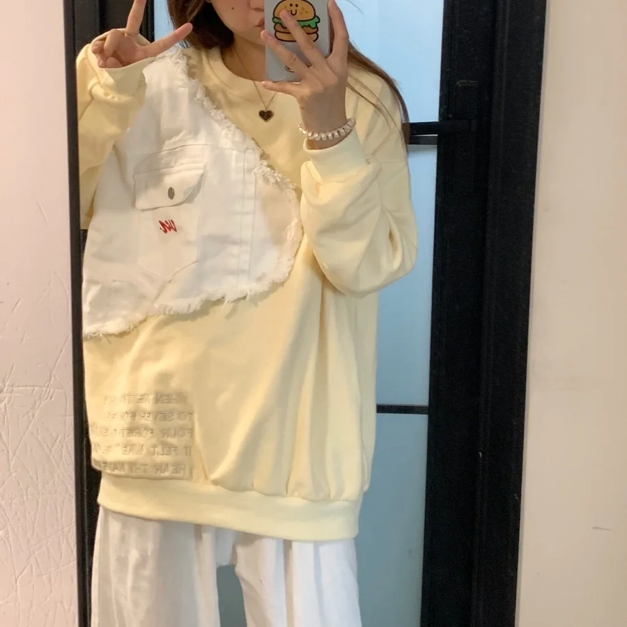 

Loose Fit Patchwork Sweatshirt Fashionable Lazy Style Autumn Winter New Arrival Versatile Outerwear for Young Women in China