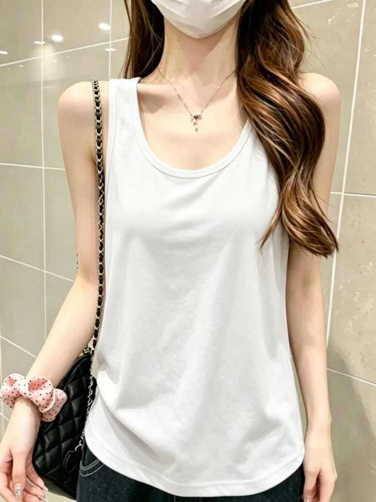 Summer New Large Size Loose Women's Tank Top Sleeveless Cotton Polyester Blend  Color Simple Style Inner Wear Outer Wear