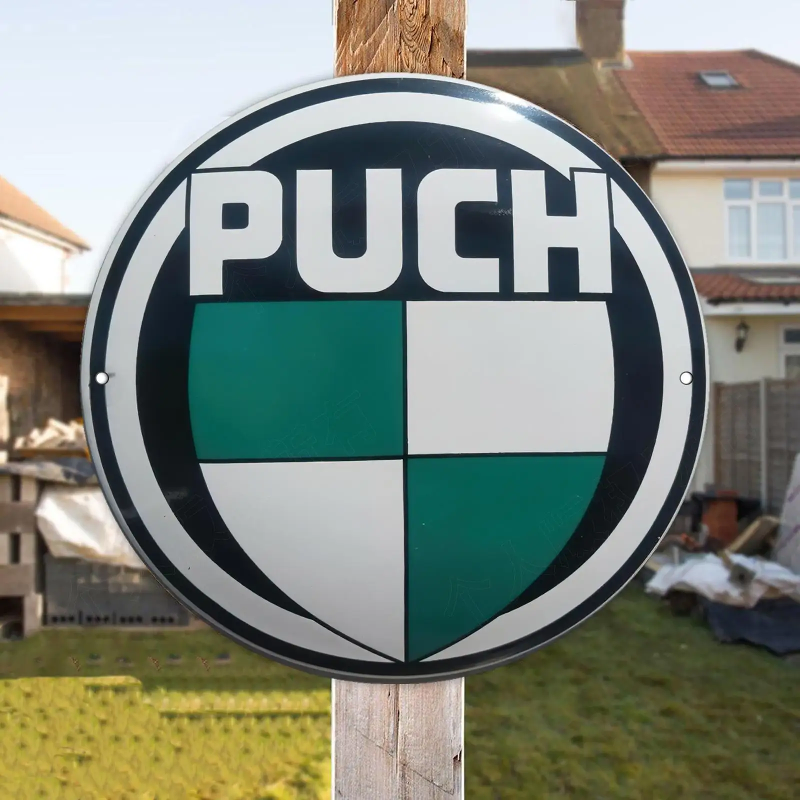 لافتة فنية جدارية معدنية من الألومنيوم مسطحة ثنائية الأبعاد - لوحة شعار دائرية قديمة مع خطوط خضراء وبيضاء، 20 × 20 سم / 7.87 بوصة، Wa #6