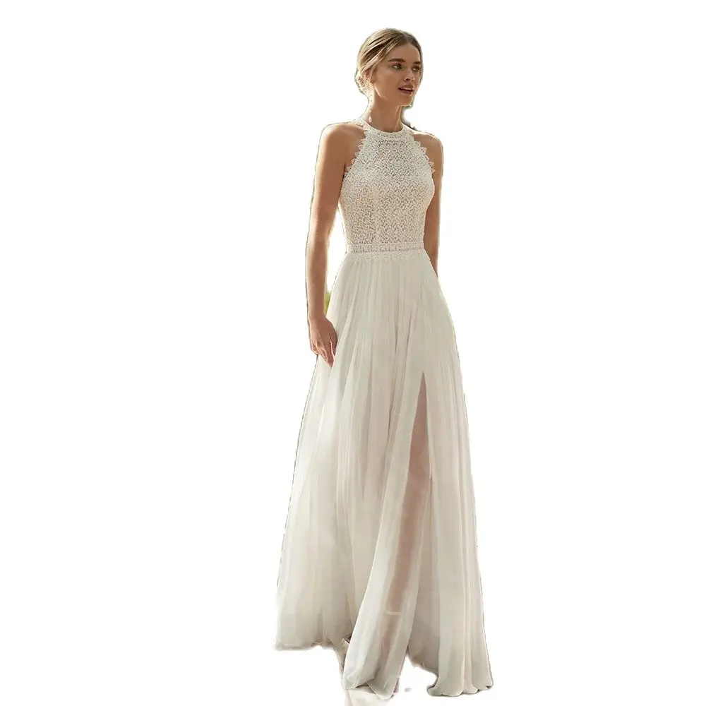 New Summer Boho Wedding Dresses 2024 Beach Bridal Gowns Lace Bride Dress Halter Neck Customized Wedding Gowns Side Split