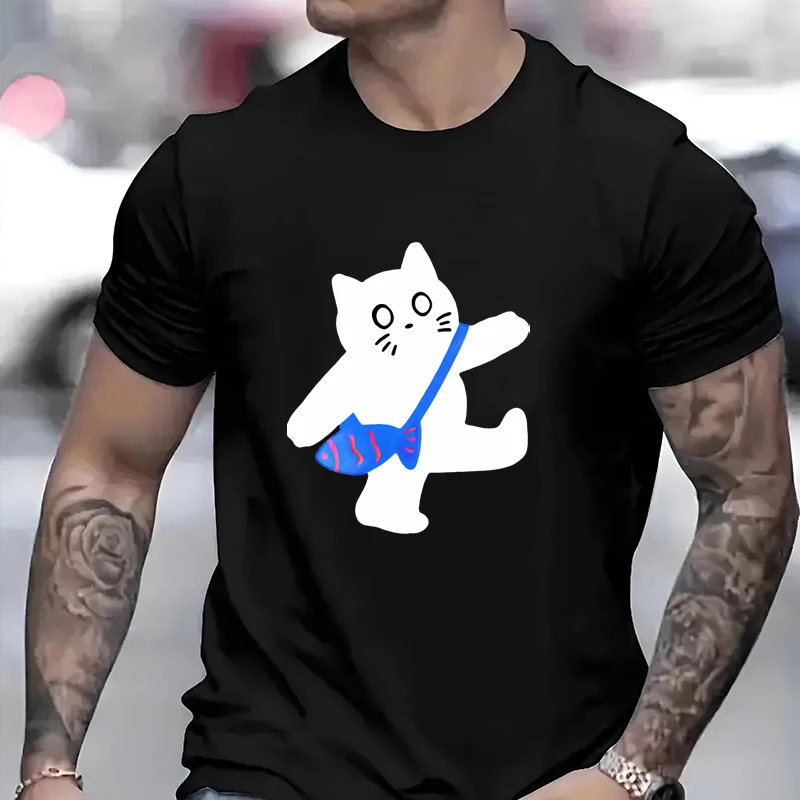 

Playful Cartoon Cat Print Men Women T-shirt A Cat Carrying a Fish Bag Pattern Unisex Tee Loose Casual Hip-hop Harajuku Clothing