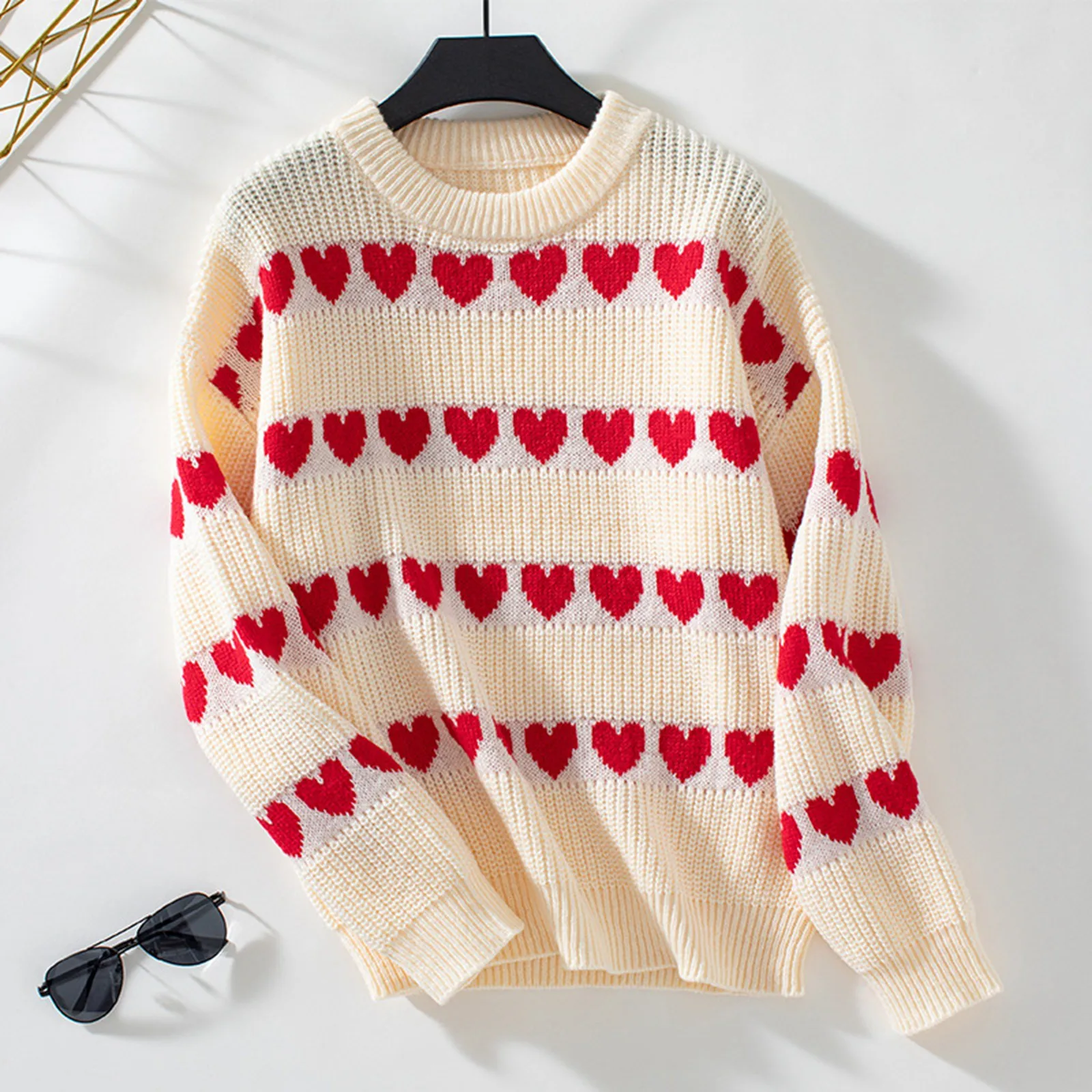 Women Lovely Beautiful Knitted Sweater Love Pattern Fashion Warm Comfortable Pullover Crewneck Long Sleeve Casual All-Match Top