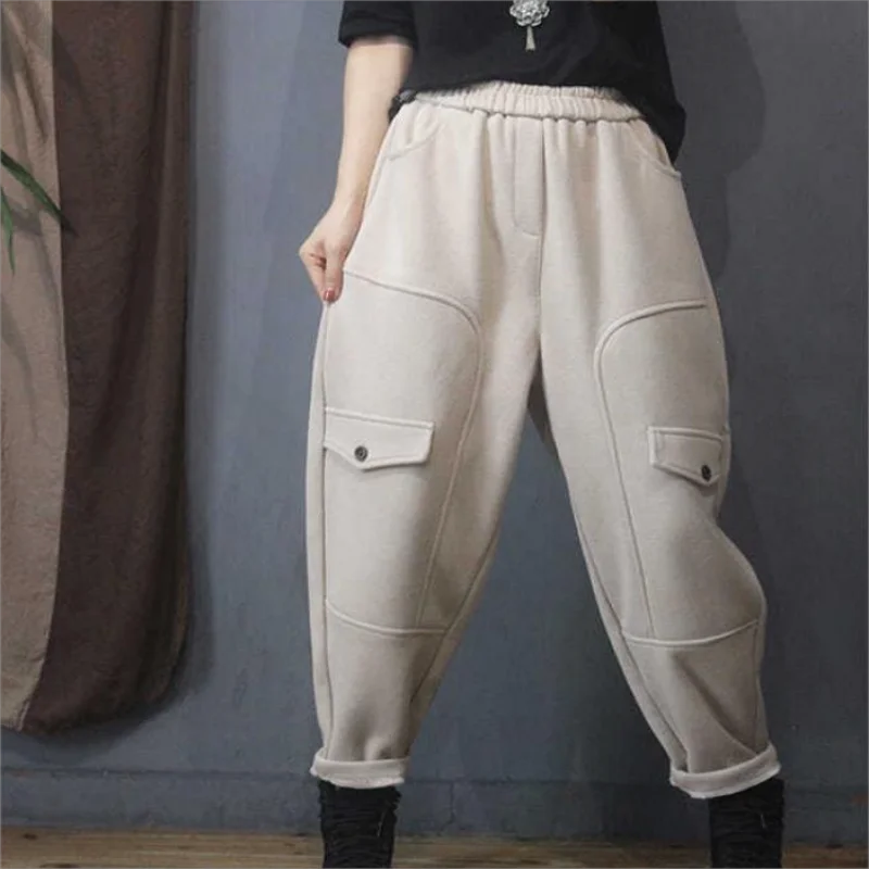 

Casual Simple Solid Trousers Women Loose Warm Thickened Harem Pants 2024 Autumn Winter New Artistic Retro women's harem pants