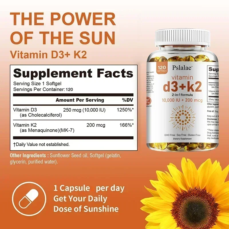 Vitamin D3 + K2 - Improves Calcium Metabolis, Healthy Bone & Muscle Function Health, Support Heart, Joint, Immune System Health