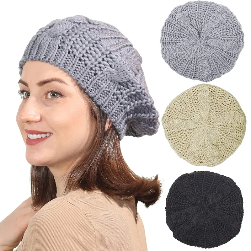 Warm Women Elegant Knit Beret Cap Autumn Winter Artist Casual Hats Braided Baggy Ladies Wool Beanie Knitting Slouch Baggy Hats