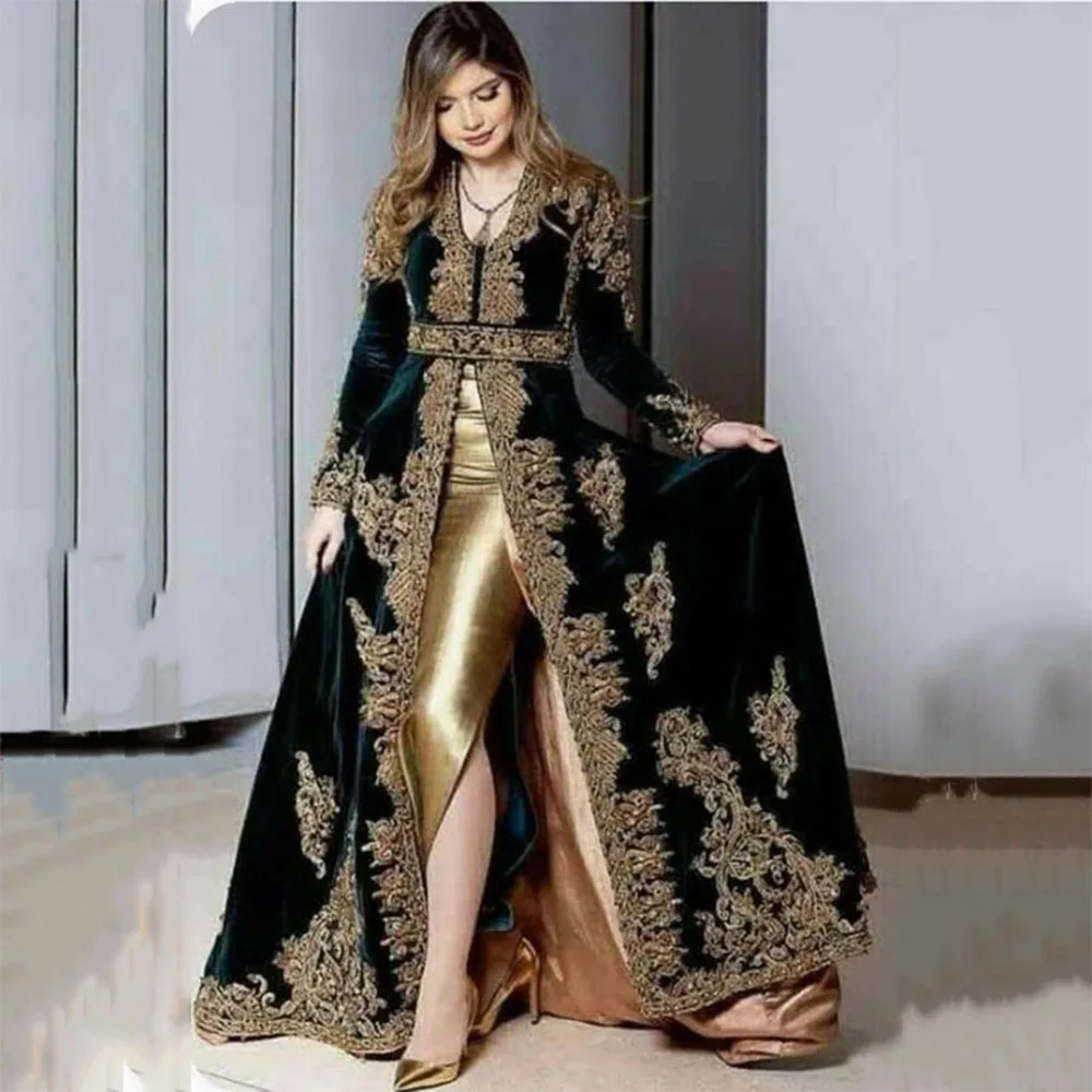 

2024 Algerian Evening Dresses Women Dubai Arabic Velvet Gold Black Applique Lace Mermaid Prom Dress فساتين السهرة Gala Robes