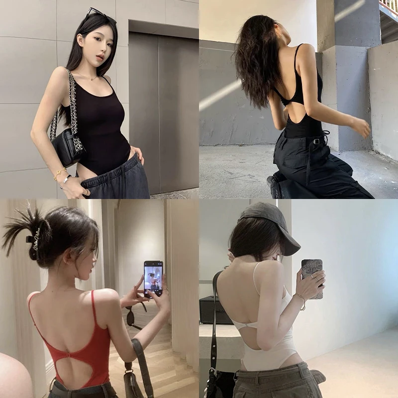 Sexy Black Open-Back Tank Top Women's Inner Wear Summer Cotton Outerwear Trendy Red Vest Wearable Underwear Nylon Material