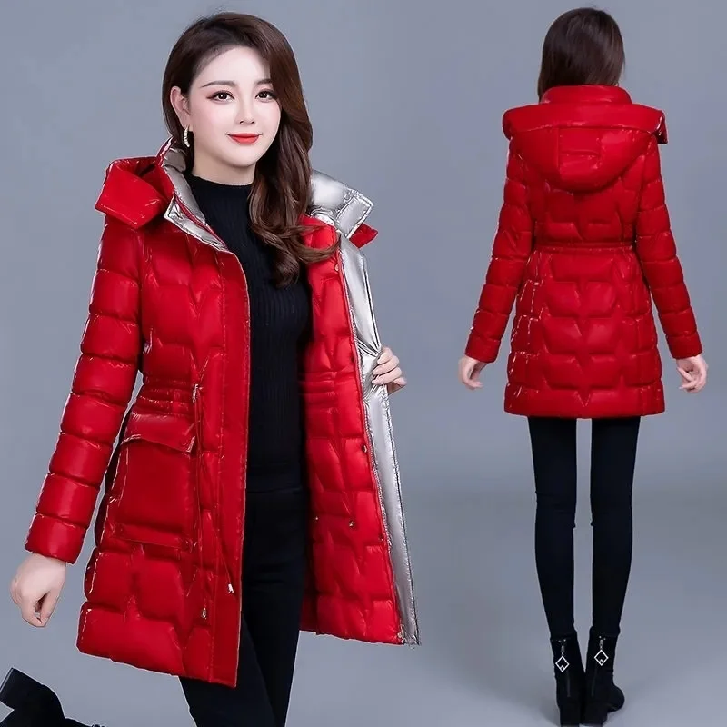 Winter Glossy Snow Jacket Women\'s Down Cotton Slim Hooded Coat Mother Warm Mid Long Overcoat Fashion Female Thicke Parkas Jacket