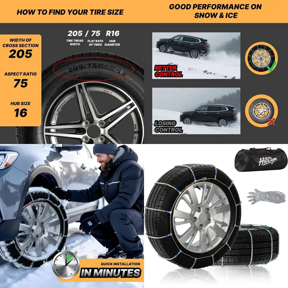 

Snow Chains for Car Tires, Tire Chains for Passenger Car, Light Truck, SUV, Quick Fit & Easy Installation, HP1034 Portable Reusa