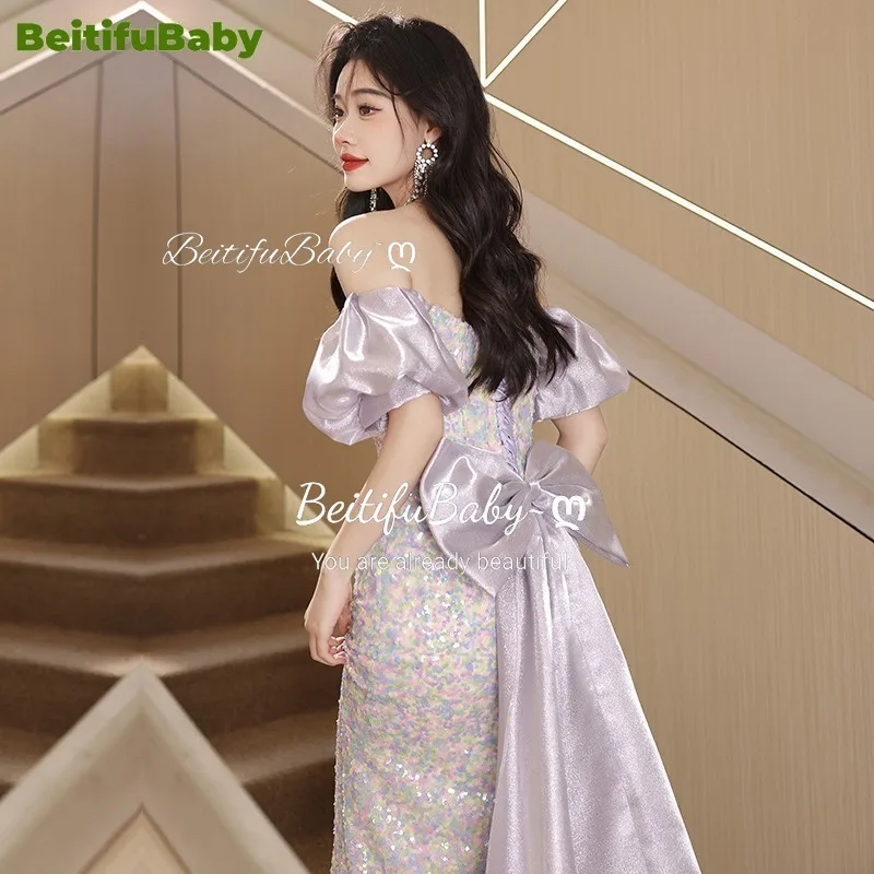 BeitifuBaby Elegant Prom Dresses for Women 2024 Off The Shoulder Strapless Bow Sequins Skirts Banquet Gown Mermaid Evening Dress