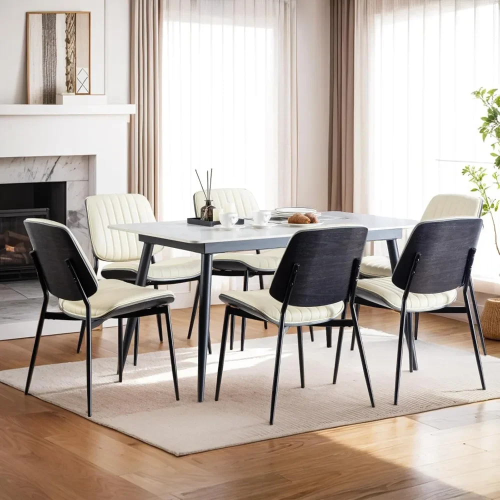 

6 Piece Dining Chairs, Chair with Walnut Bentwood Upholstered , Metal Legs with Adjustable Foot, Faux Leather Dining Chair
