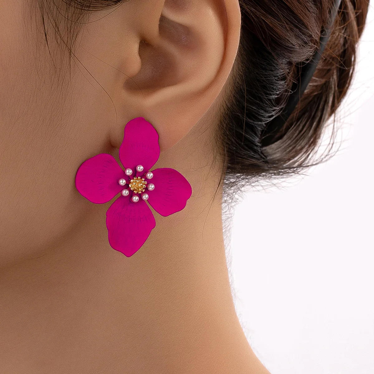 Ethnic Big Flower Stud Earrings for Women Party Fashion Vintage Rose Red Double Layer Enamel Floral Post Earring Jewelry Gifts