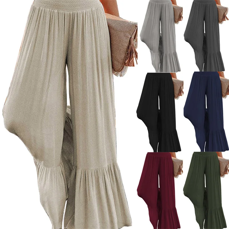 Pantaloni casual a gamba larga a vita alta per donna Fibra di poliestere Cleanfit Sle Orlo piegato Pantaloni lunghi comodi
