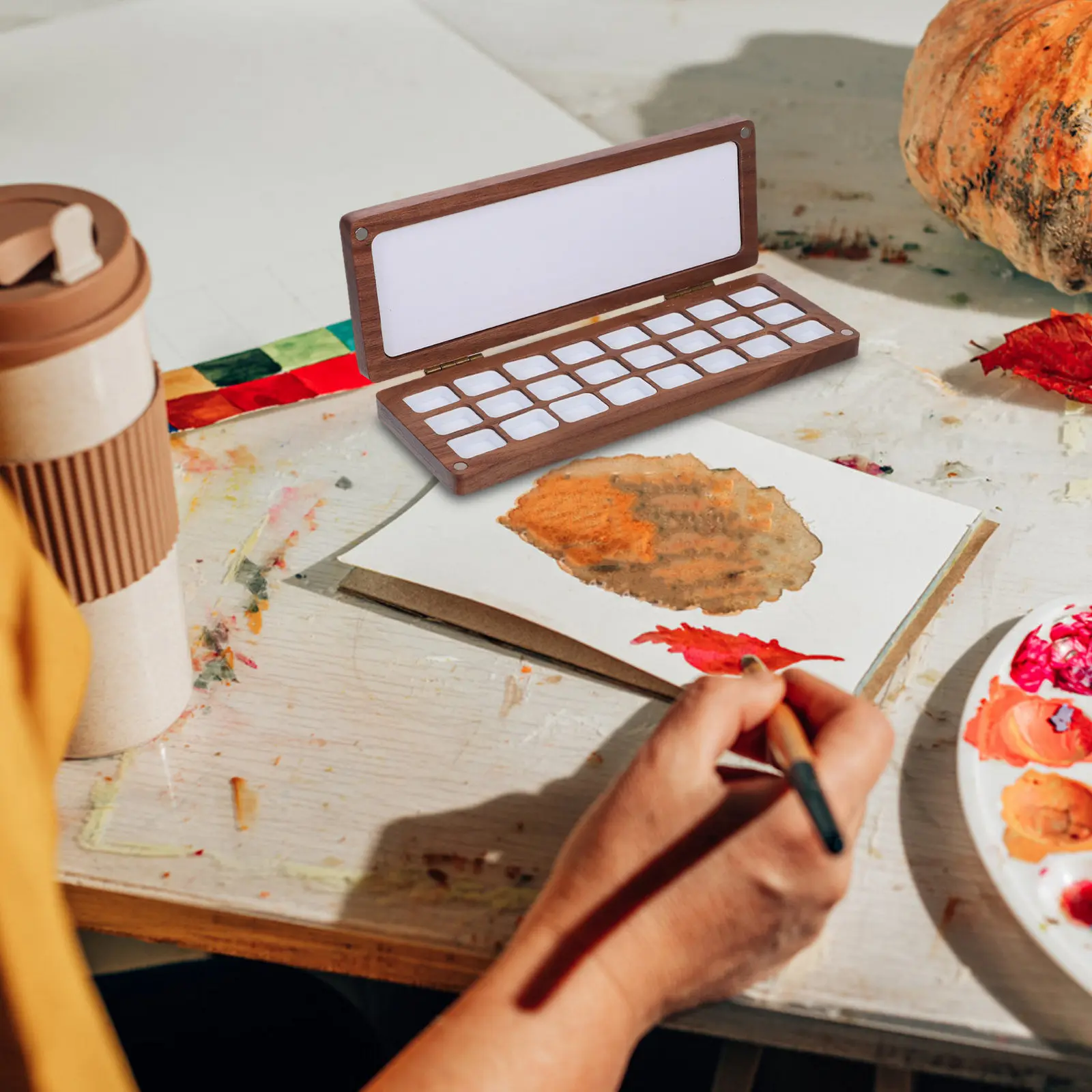 Solid Wood Portable Watercolor Palette Case with Lid 24 Independent Mixing Trays Rectangular Color Palette for Outdoor Painting