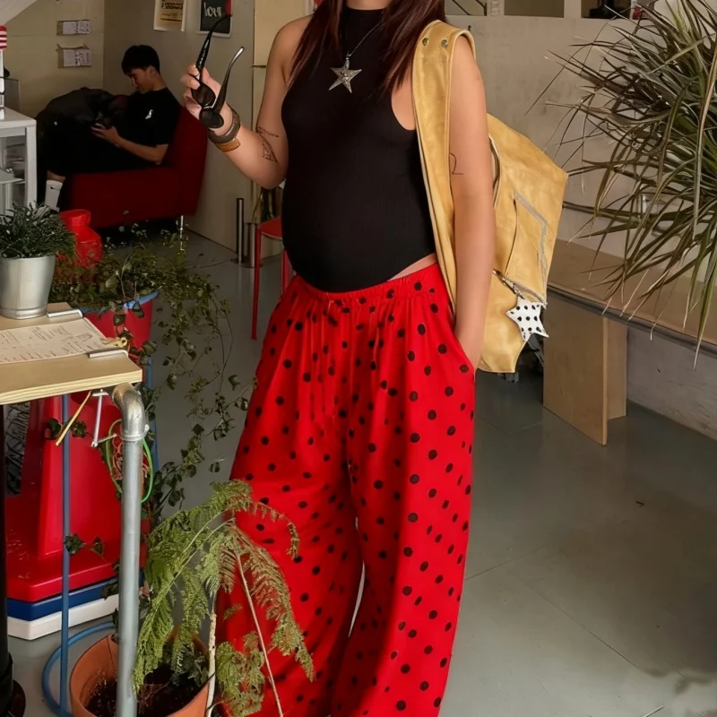 

Женские свободные широкие брюки в американском стиле ретро в горошек Y2k, брюки Харадзюку, винтажные свободные длинные брюки