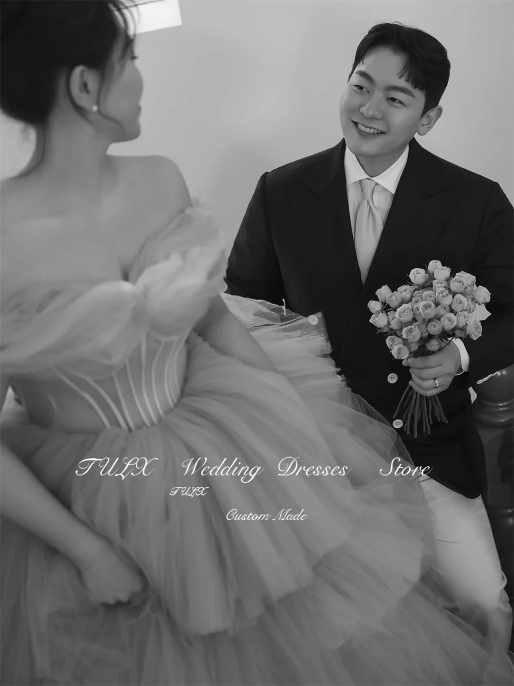 TULX – robe de soirée longue en Tulle rose féerique, pour séance Photo de mariage coréen, épaules dénudées, longue robe de soirée de mariée à plusieurs niveaux, Corset personnalisé