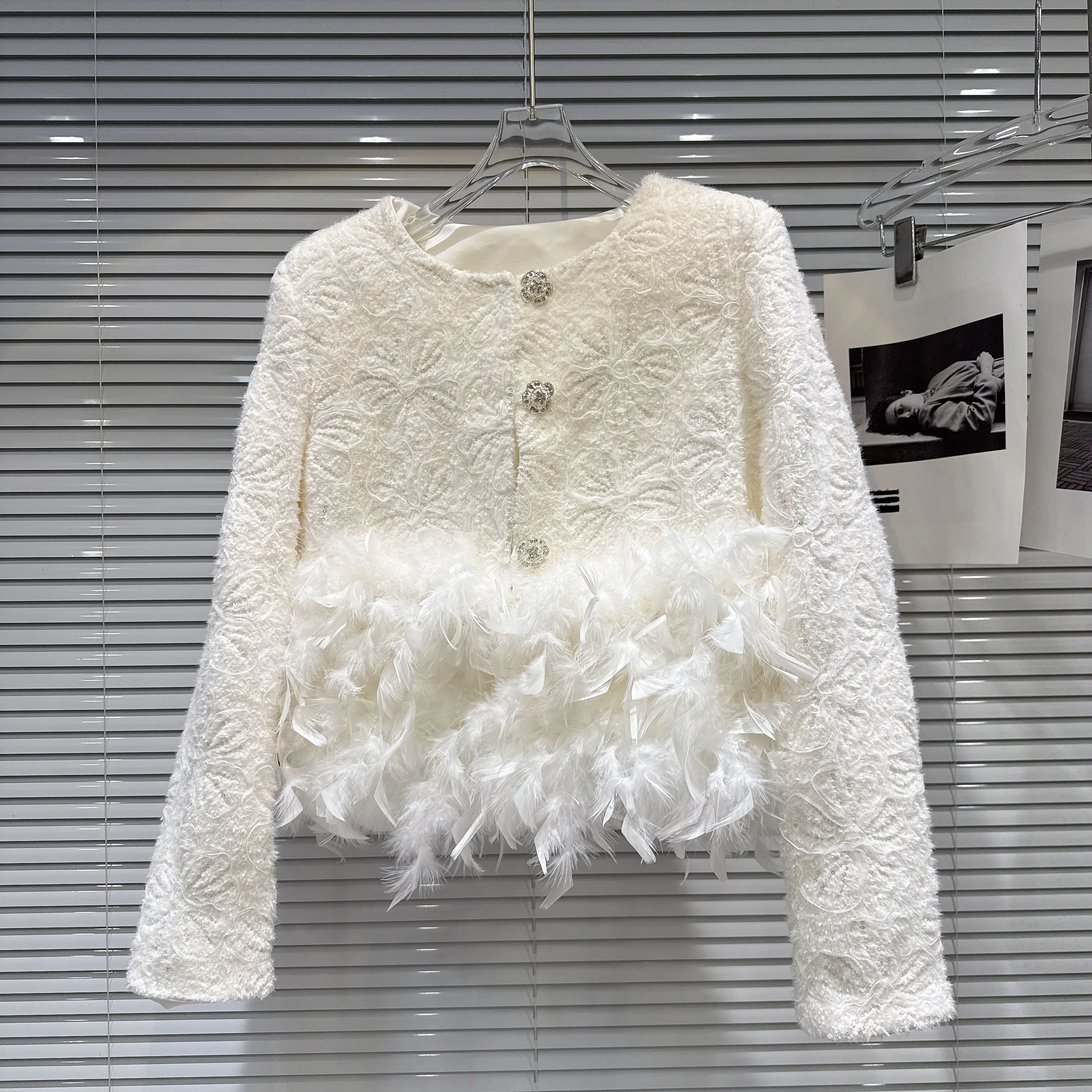 2025 Autumn French Style Feather Trim Sequins Wool Blend Short Jacket Coat Y2k