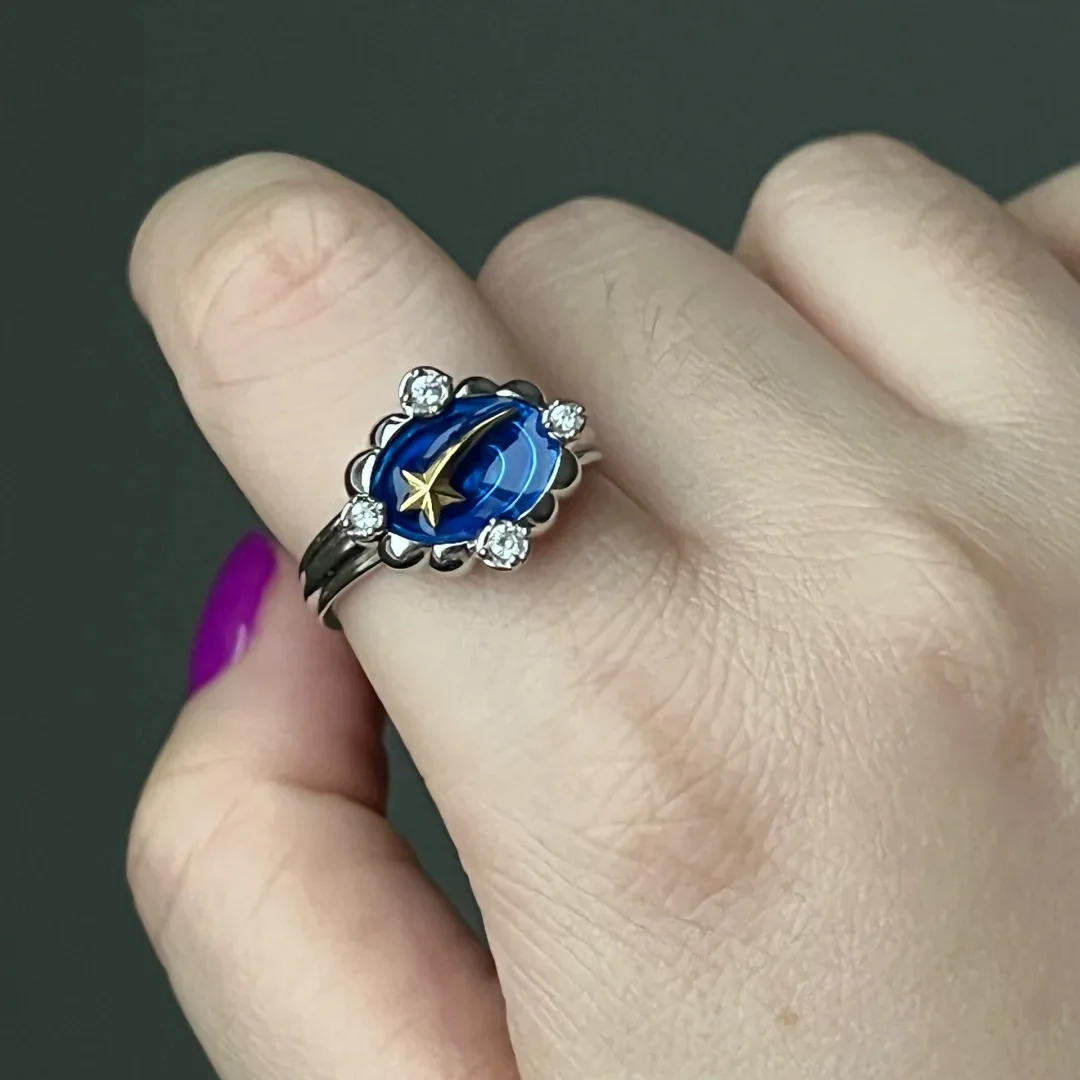 Sparkling Blue Star River Meteor Ring Ins Style Design Star Orbit Universe Light Luxury High Grade Drip Glue Ring Open Ring Gift