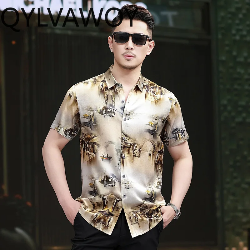 QYLVAWOY 92.5%Real Mulberry Silk Men's Shirts Thin Summer Tops Short Sleeve Shirts High-end Lapel Shirts for Men Business Casual