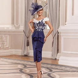 Customized Short Navy Blue Mother of the Bride Dress Cap Sleeves Mothers Formal Suits Tea Length Wedding Guest Gowns Lace Beaded
