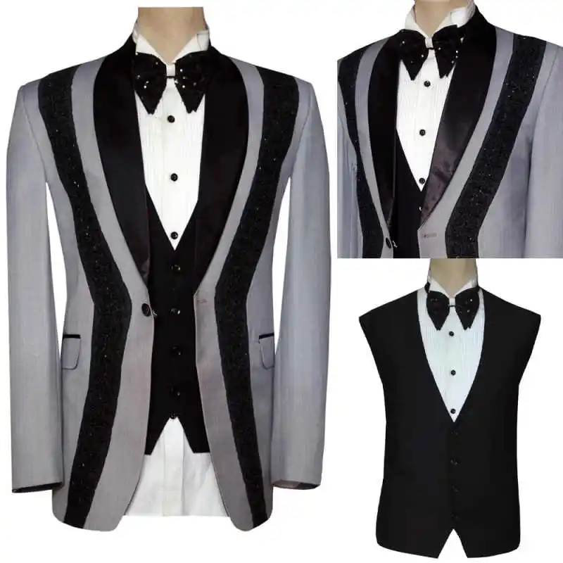 Luxurious Splicing Men Suit 2 Pieces Jacket Vest Shawl Lapel Single Breasted Crystal Formal Occasion Banquet Party Customized