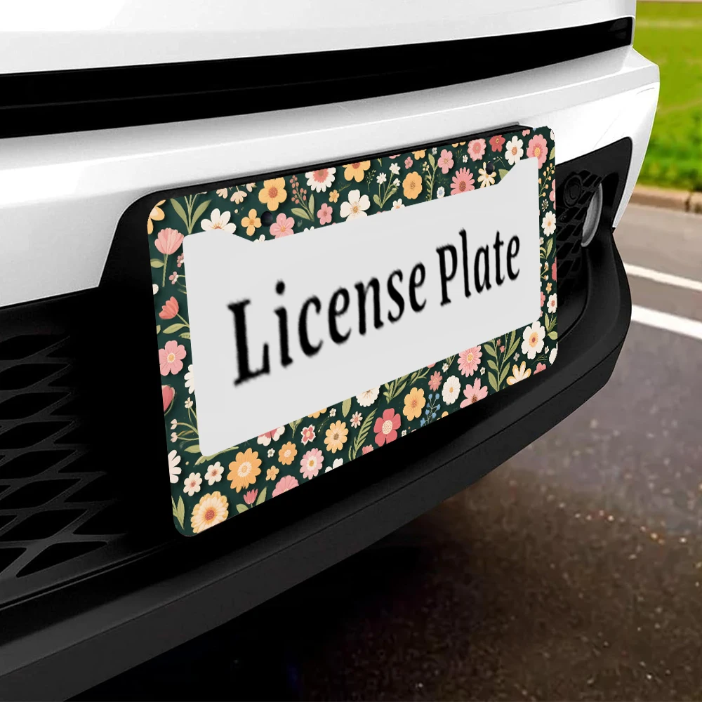 1 قطعة إطار لوحة ترخيص بنمط زهور عتيقة بفتحتين، تصميم زهرة متعدد الألوان، مادة ألومنيوم، 6 × 12 بوصة، مع طقم براغي