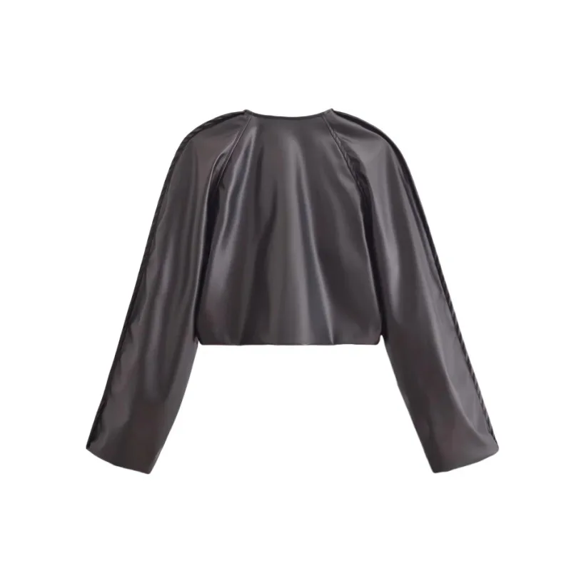 High-Waisted Short PU Leather Jacket European American Style round Neck Single-Breasted Loose Slimming Casual Top for Autumn