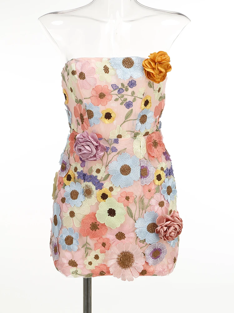 Sexy sem alças mini vestido flor retalhos vestidos de noite 2025 verão nova moda cintura alta feminino bodycon vestido de férias