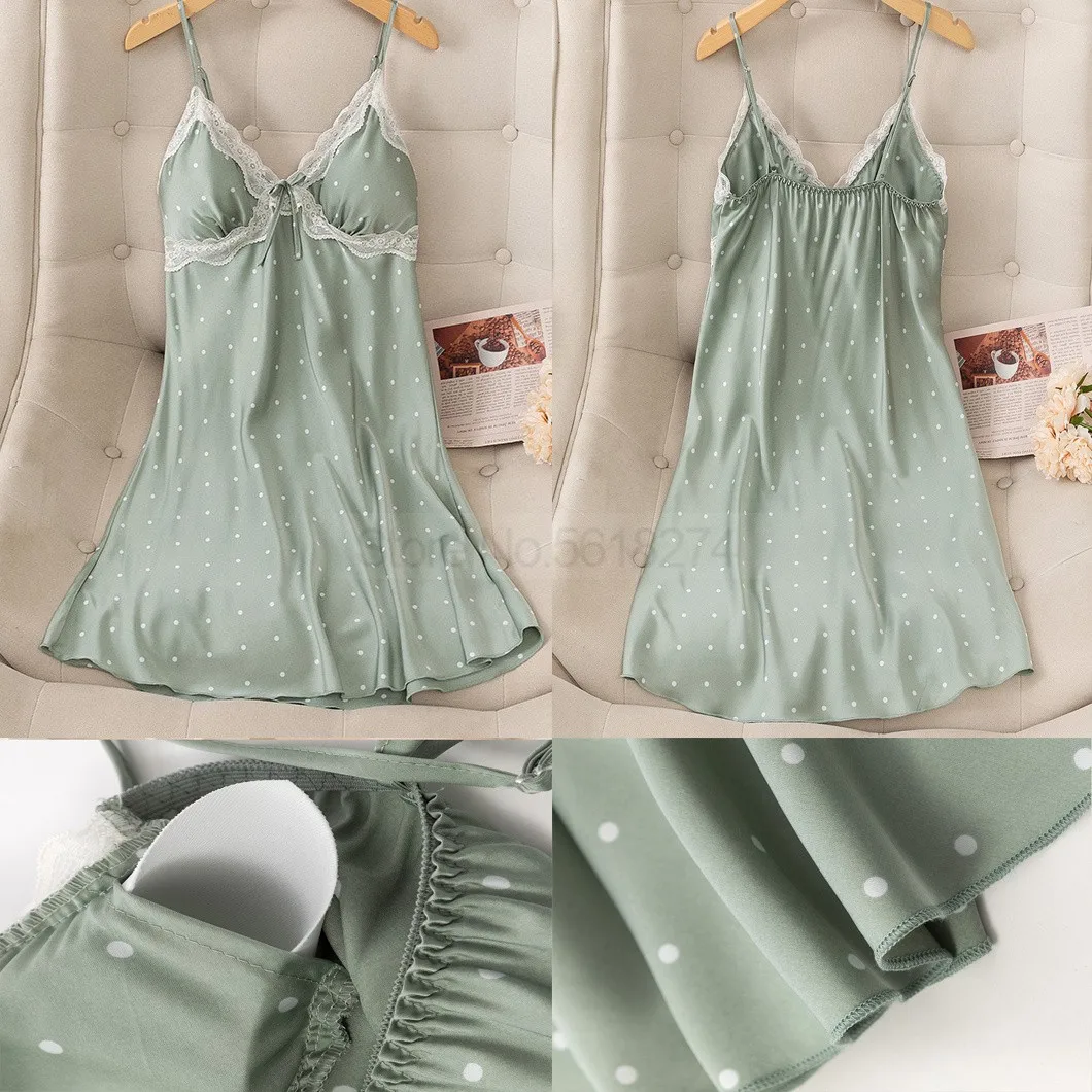 Spaghetti Strap Nightdress Sleepwear Sexy Chemise Nightgown Female Kimono Dressing Gown Satin Sleepdress V-Neck Summer Nightwear