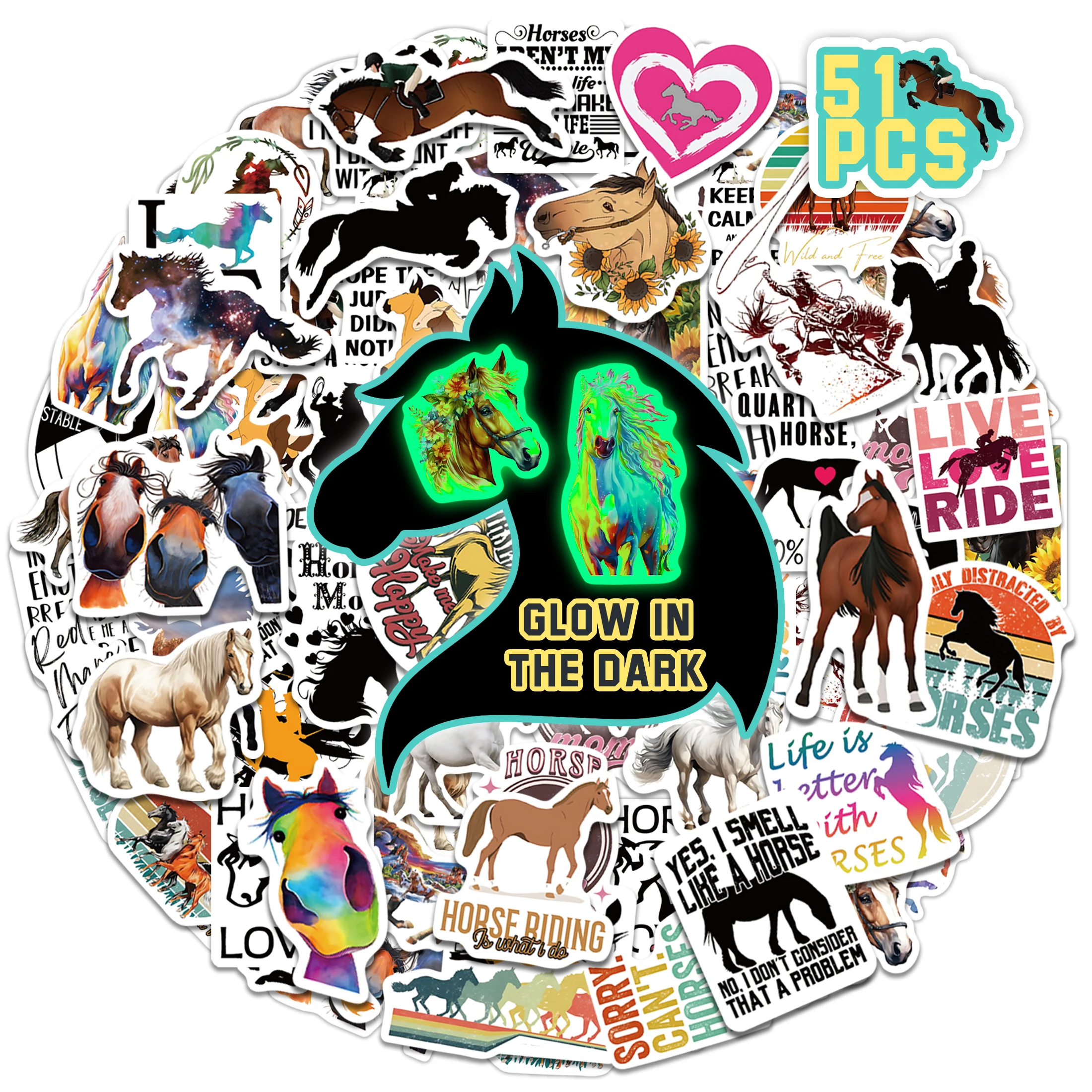 51pcs Glow in The Dark Horse Stickers,Riding Sticker Pack Horse Gifts For Water Bottles Laptops Cars Luggage Waterproof Stickers