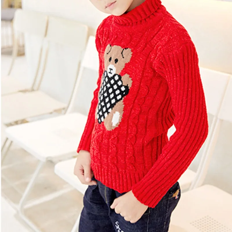 Autumn Winter Warm Sweater for Boys Girls Cute Cartoon Bear Pullover Children Turtleneck Knitted Sweater Kids Clothing Tops