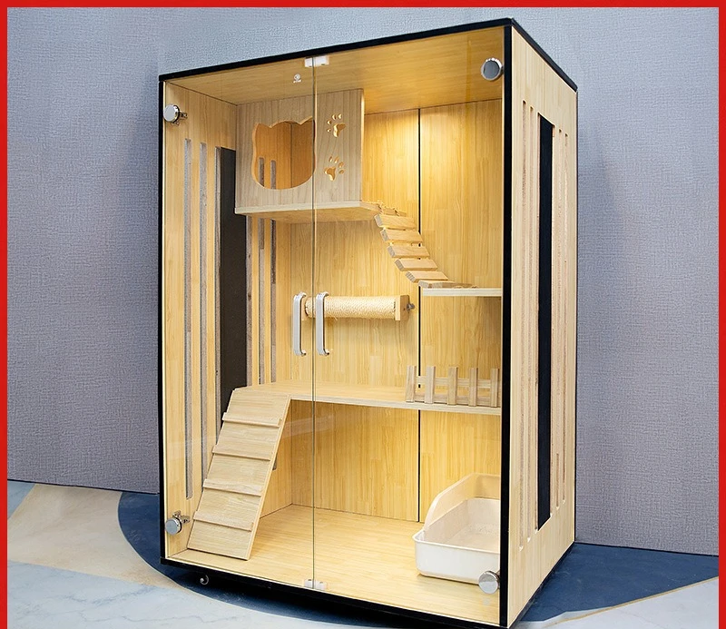 فيلا قطط من الخشب الصلب، وخزانة قطط فاخرة كبيرة الحجم، وطبقة مزدوجة واستخدام منزلي ثلاثي الطبقات #4