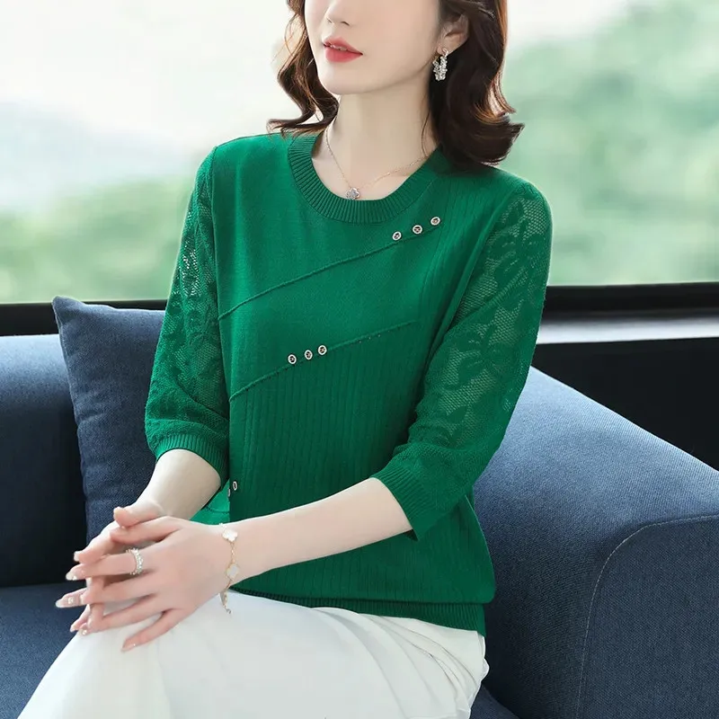 Three Quarter Sleeves Knitting Shirt Women\'s Tops 2022 New Spring Autumn Sleeve T-Shirt Thin Hollow Out Pullover Bottoming Shirt