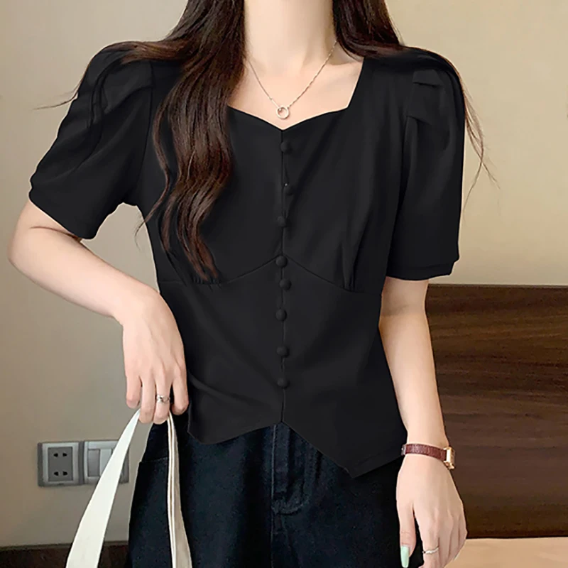Puff Sleeve T Shirt Women Solid Elegant Sweet Preppy Lovely Button Tees Korean Fashion Clothing Summer Square Collar Crop Tops