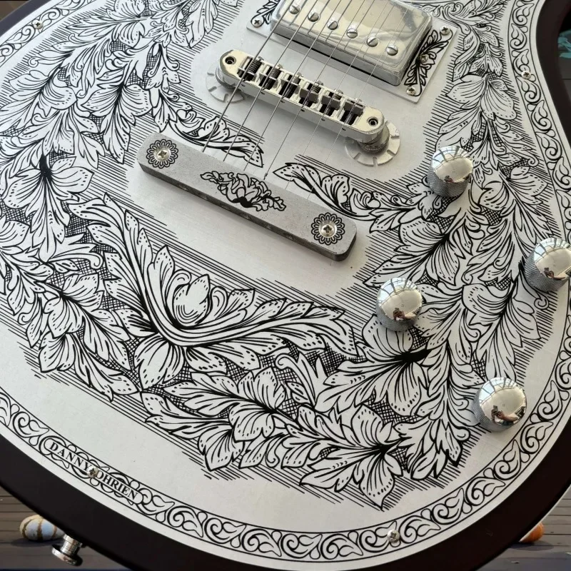 LPUY Electric Guitar HH Fixed Bridge Vintage Black White Floral Vine Full Top Engraving Dot Inlay Classic Rock Blues Collector