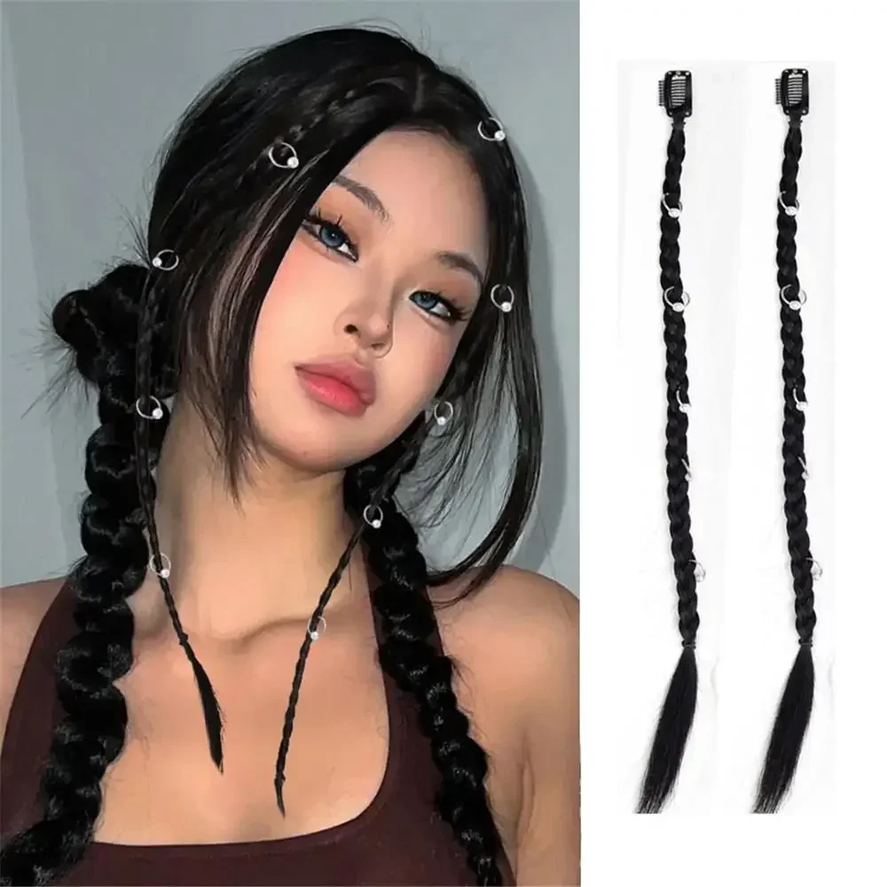 2PCS Colorful Ribbon Braid Synthetic Ponytail Extension Clip On Wig Sweet Boxing Style Bow Twist Hairpiece for Women Girls