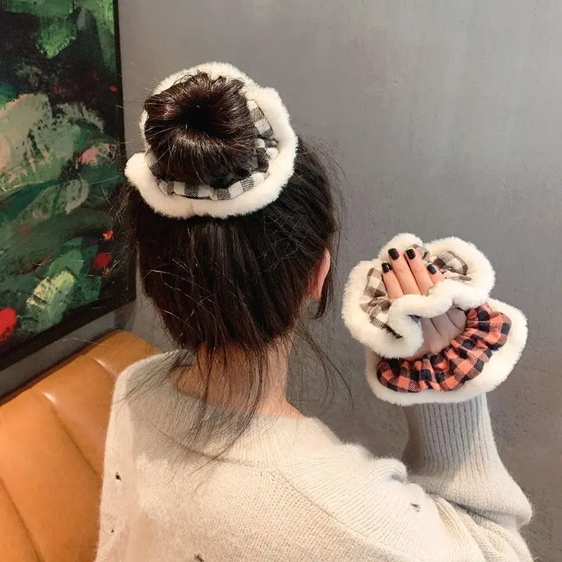 

Plush Large Intestine Hair Ring South Korea Retro Plaid Thick Hair Band Dongdaemun Simple Ponytail Head Rope Female Stylish